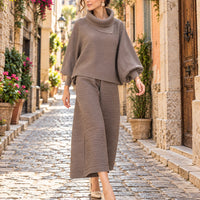 Pleated High Collar Lantern Sleeve Tops Wide Leg Pants Women Spring Causal Two Piece Sets Natalia Home Fashion    Natalia Home Fashion