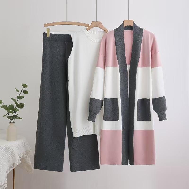 Women's 3PC Knit Set - Cardigan Tank Top Wide Leg Pants  Cross-Border Outfit Natalia Home Fashion    Natalia Home Fashion