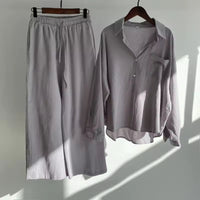 Cotton and Linen Shirt Suit High Waist Loose Trousers Elegant Women Sets Two Piece Set for Women Natalia Home Fashion    Natalia Home Fashion