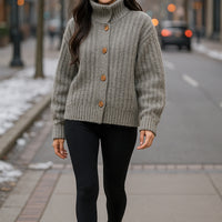 Vintage Soft And Supple Design Sensibility Horn Button polo/turtle Neck Women's Winter Idle Style Loose-Fit Thickened Knitted Ca