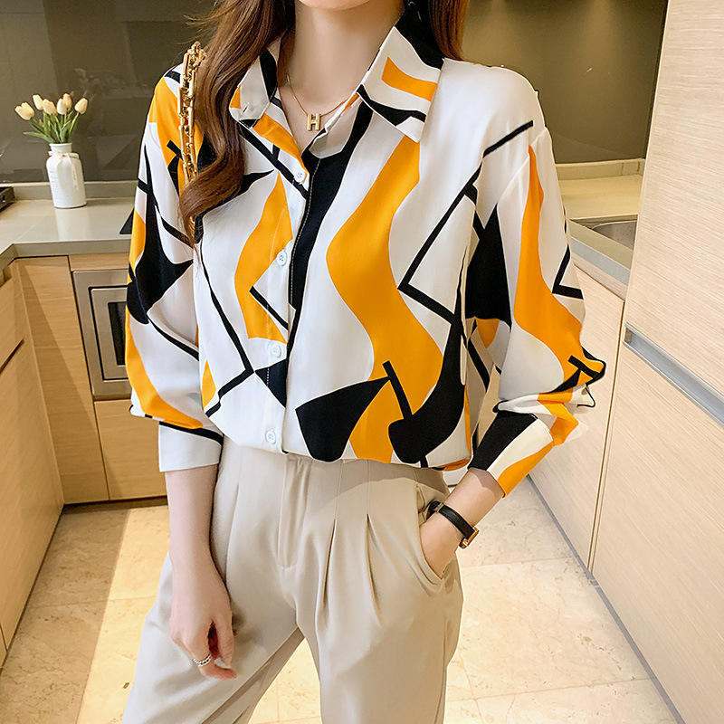 Women Temperament Print Shirt Long Sleeve Fashion Loose Shirts Ladies Lightweight Work Blouse