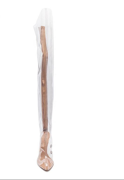 Sexy Transparent PVC High Heels Thigh Boots Pointed Toe Crystal Heels Women Clear Over The Knee Runway Stage Boots