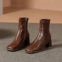Woman Sheepskin Leather Shoes Spring Autumn Ankle Boots side Zip French Style Thick Heel Women's Short Boots