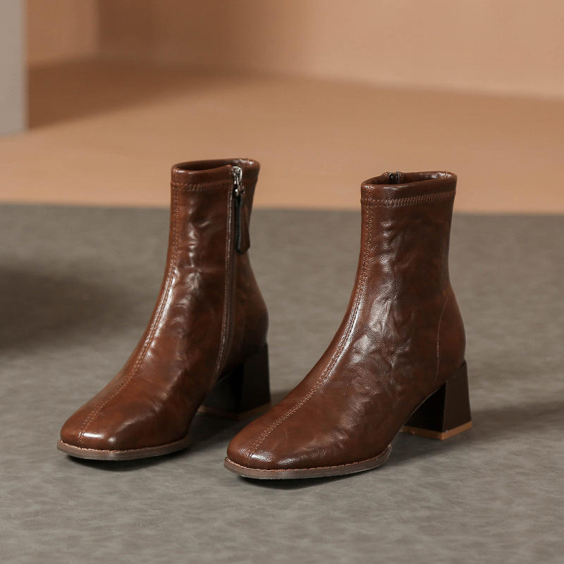 Woman Sheepskin Leather Shoes Spring Autumn Ankle Boots side Zip French Style Thick Heel Women's Short Boots