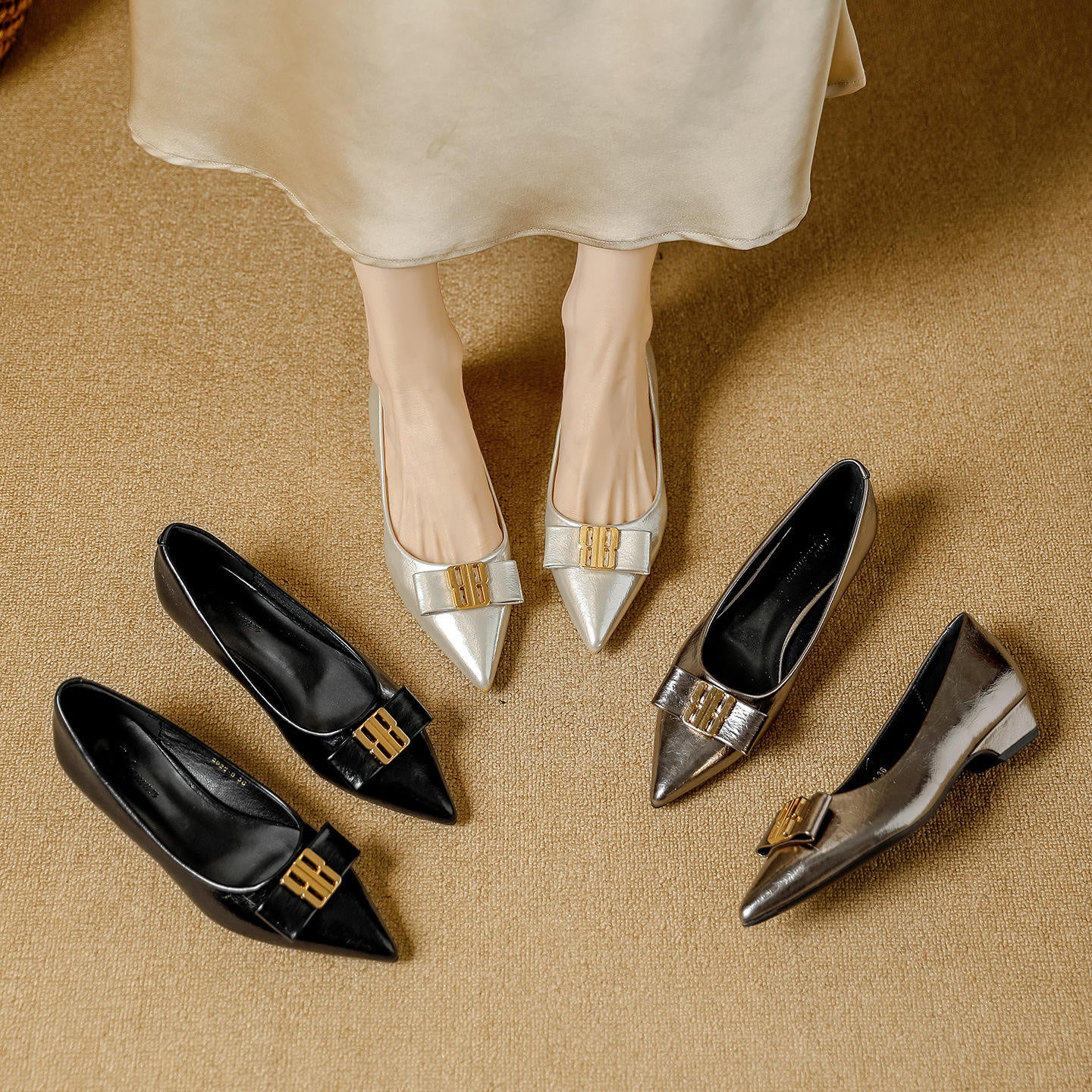 Sheepskin Bow Knot Casual wear Flats  Women's Work Pointed Toe Single Shoes small wedge style Heel
