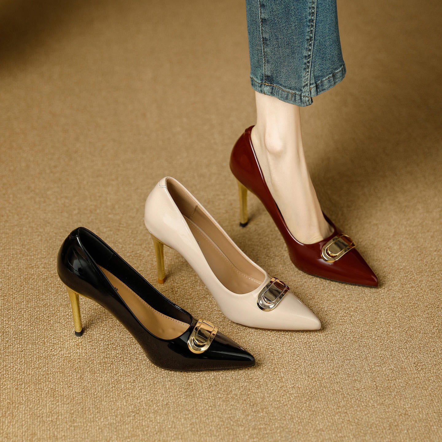 French Style Single Shoes Spring Women Pumps New Pointed Toe Shallow Mouth Metallic Buckle Commuting Shoes Stiletto Single Shoes