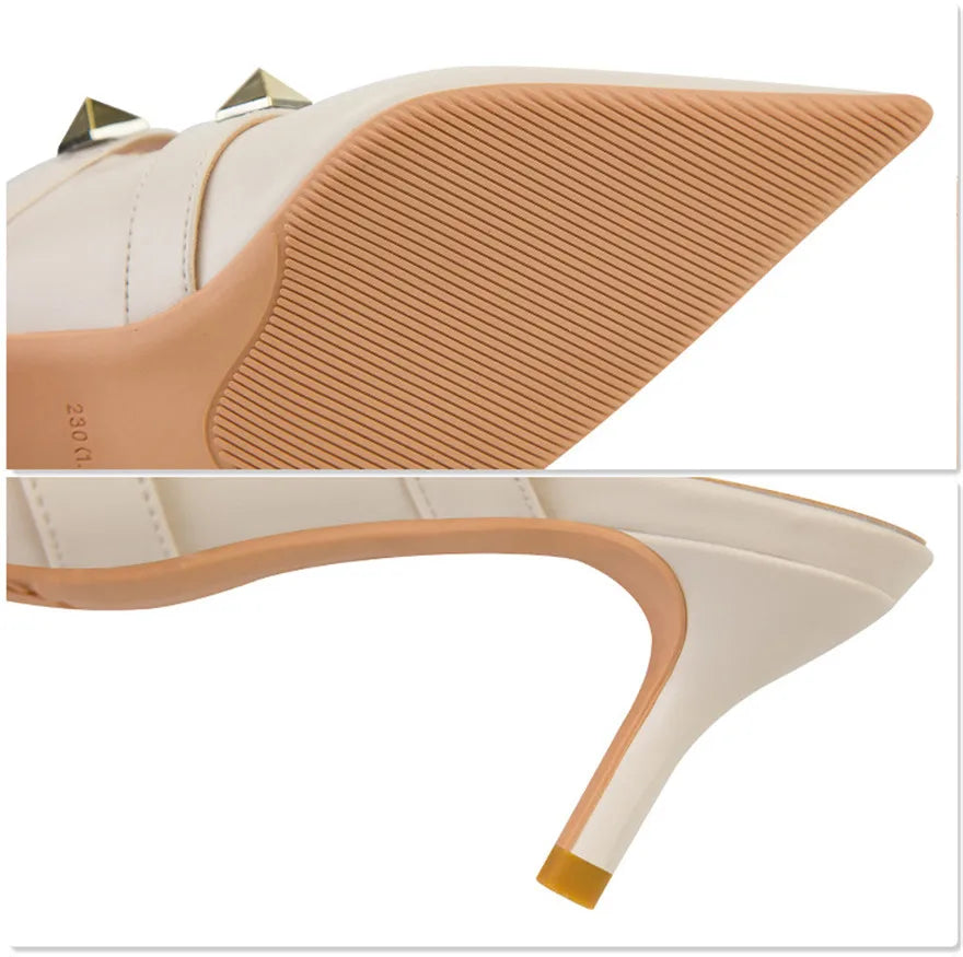 Female Rivets T-strap Sandals Pointy Toe Soft Leather Sexy Women Shoes Comfort 6CM High Heels Ladies Work Dress Shoe