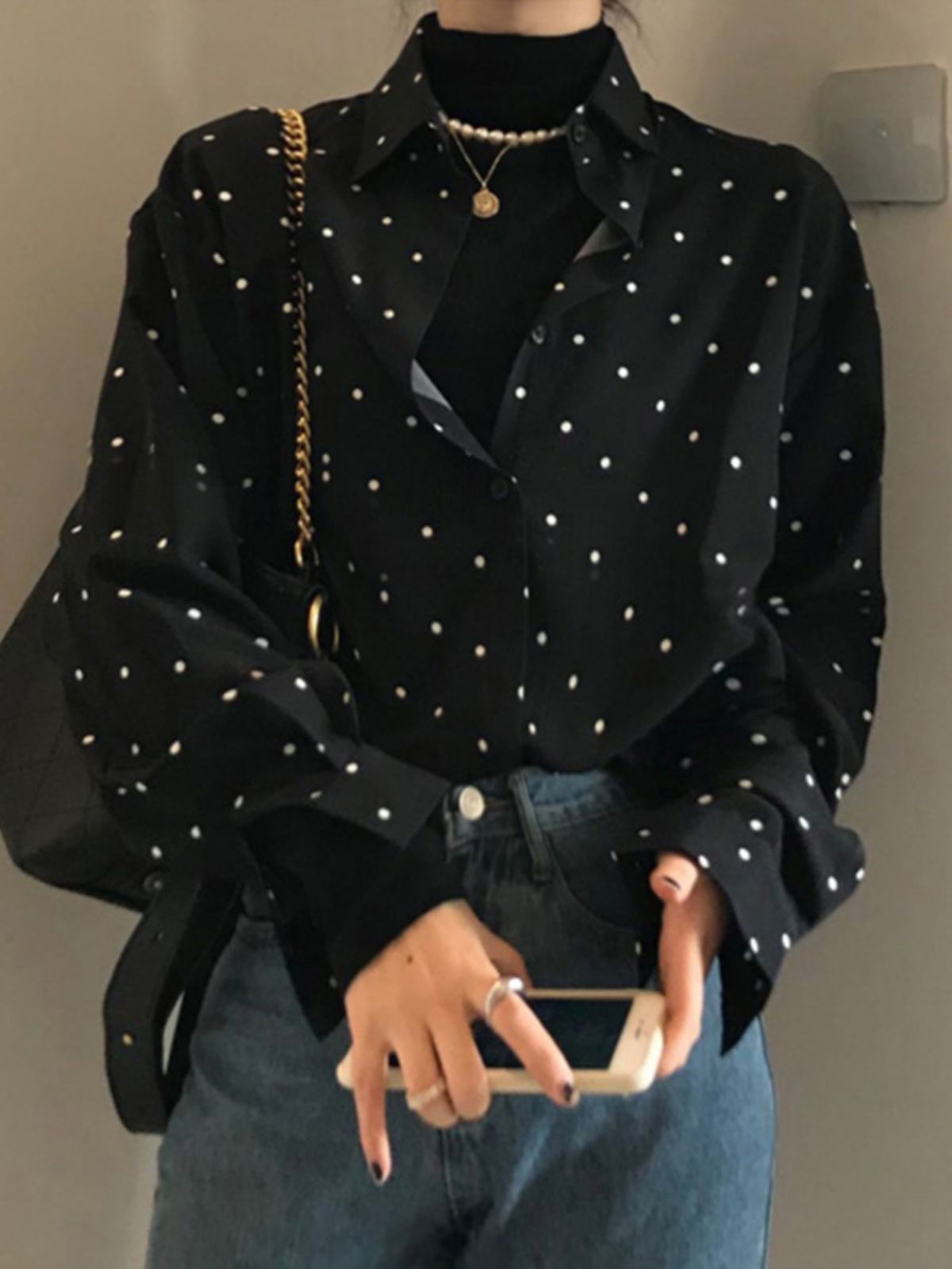 Chic Polka Dot Long Sleeve Shirt Women's Turn-down Collar French Style Simple Design Spring Summer New Arrival