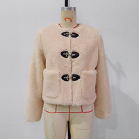 Solid Spring Buckle Fleece Jacket Winter Round Neck Fashion Faux Fur Coats for Ladies Natalia Home Fashion    Natalia Home Fashion