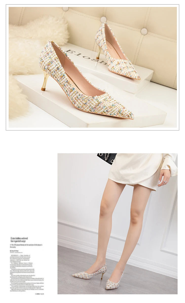 Simple Style New Fashion Sexy Wild Stiletto Metal Heels Pointed Toe Shallow Slim Bling Wedding Women Dress Pumps Shoes