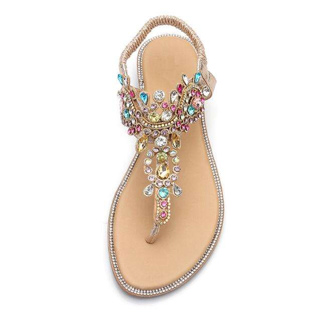 Woman Bohemian Colorful Crystal Flat Sandals for Women Glitter Rivets Studded Gladiator Sandals  Elastic Back