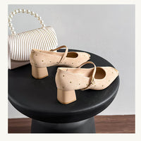 Retro Square Head Mary Jane Shoes Women Comfortable Slip-On High Heels Casual Velvet Upgraded Rubber Sole