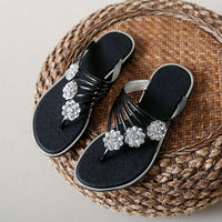 Women's Flat Sandals Summer Outdoor Beach Shoes Silver Clip Board Slippers with Three Flowers And Sequins PVC Material - Natalia Home Fashion