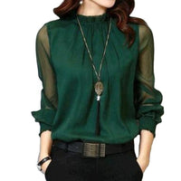 Women's Chiffon Shirt Stand Collar Base Layer Top Fashion Sexy Mesh Lace Trim Long Sleeve Blouse Natalia Home Fashion    Natalia Home Fashion