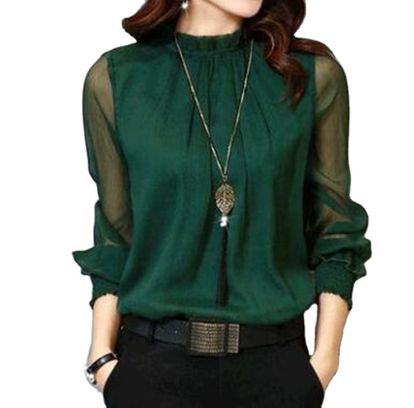 Women's Chiffon Shirt Stand Collar Base Layer Top Fashion Sexy Mesh Lace Trim Long Sleeve Blouse Natalia Home Fashion    Natalia Home Fashion