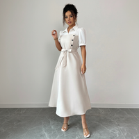 Women's Elegant Turn-down Collar Puff Sleeve Lace-up High Waist Spliced False Two-piece A-line Midi Dress for Office Daily casual Wear Natalia Home Fashion    Natalia Home Fashion
