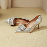 Elegant Retro Pointed Toe High Heels Thin Heel Women's Shoes Comfortable Diamond Embellished Low Cut Fashionable Footwear