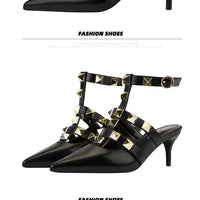 Female Rivets T-strap Sandals Pointy Toe Soft Leather Sexy Women Shoes Comfort 6CM High Heels Ladies Work Dress Shoe