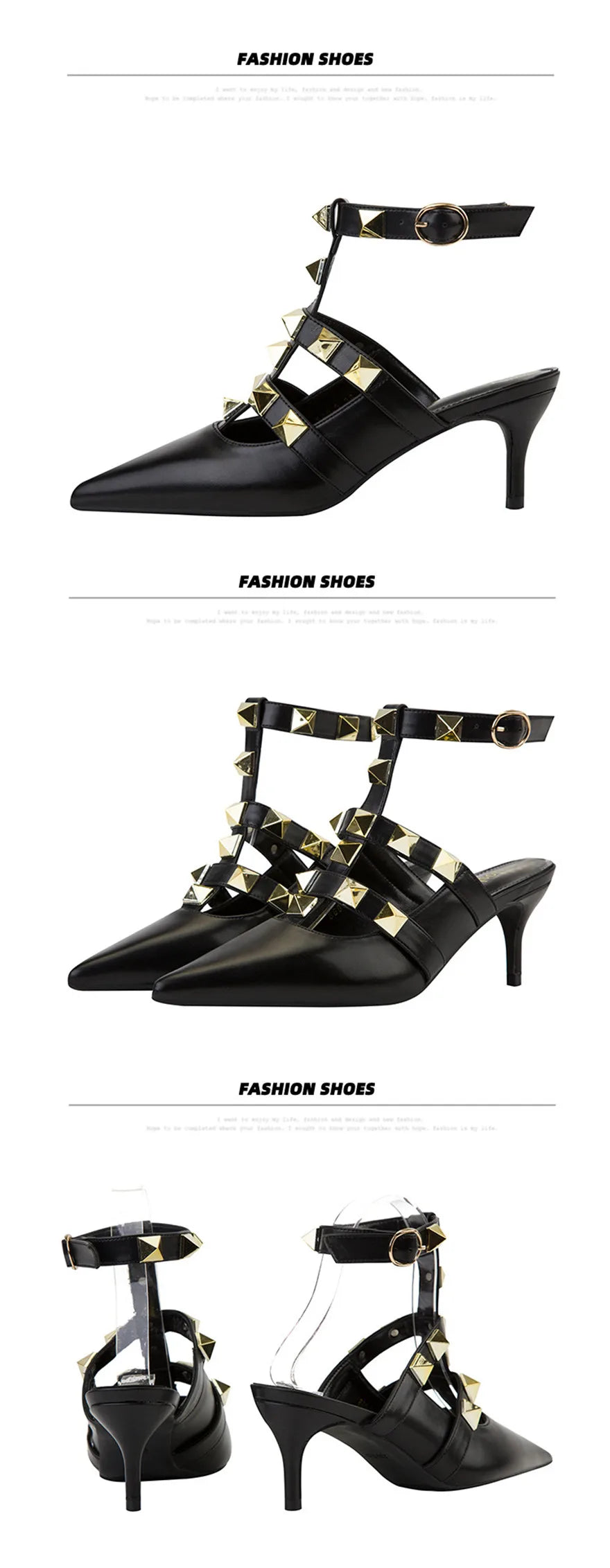 Female Rivets T-strap Sandals Pointy Toe Soft Leather Sexy Women Shoes Comfort 6CM High Heels Ladies Work Dress Shoe