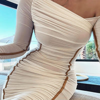 Women Two Layer Mesh Backless Ruched bodycon dress Club Party Sexy Long Dress Diagonal Collar Long Sleeve Midi Dress