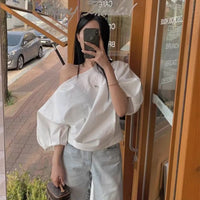 French Acetate Satin Short Sleeve Shirt Women Summer Beautiful Shirt Short Design Loose Slim Slanted Shoulder Top