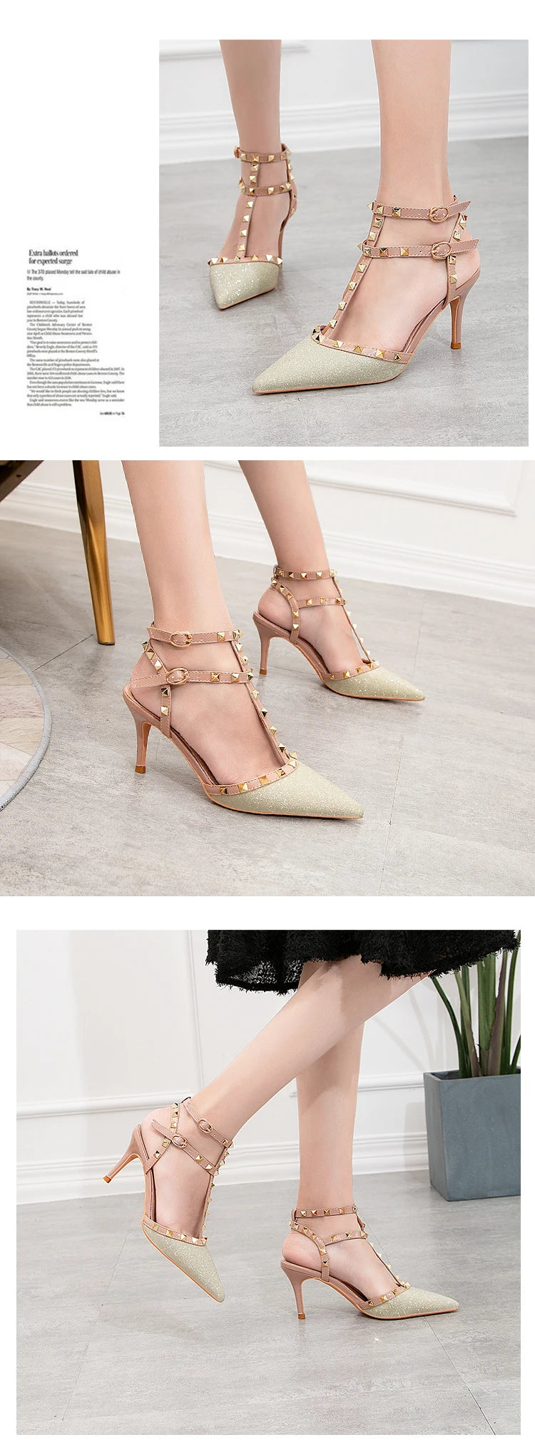PUMPS High-heeled Shoes Female Pointed Stiletto Sexy Nightclub Word With Rivets Wild Sandals Female Summer