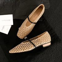 Round Toe Mary Jane Shoes Leather Grape Pattern Retro Style Hollow Weave Upper Low Heel Slip-On Retro Flats