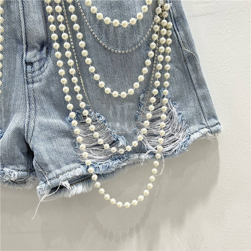 Denim Summer Shorts for Women's Bottoms Pearls Fashion Casual Shorts