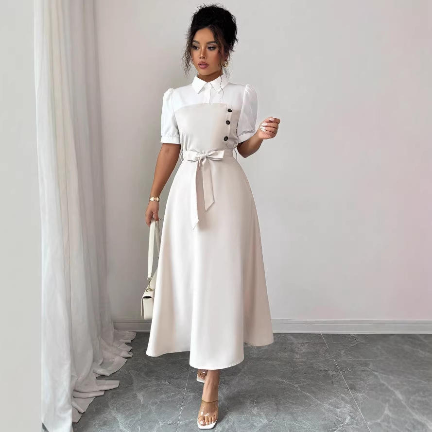Women's Elegant Turn-down Collar Puff Sleeve Lace-up High Waist Spliced False Two-piece A-line Midi Dress for Office Daily casual Wear Natalia Home Fashion    Natalia Home Fashion