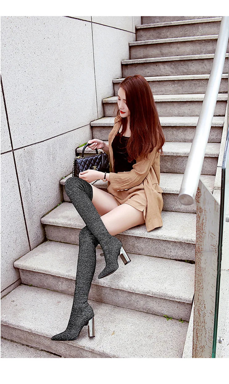 Sexy Slim Over-the-Knee High Heel Knee High Boots Women Long Boots Metal Heel Shoes
