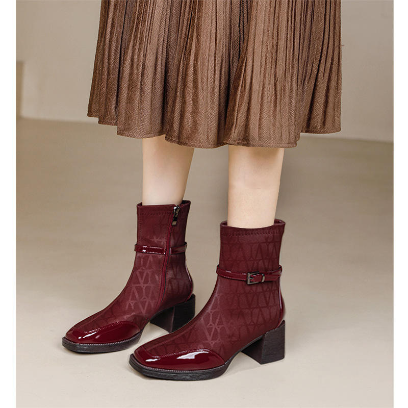 Women's Side Zipper Boot High Heel Short Boot Winter Mid-Calf Boot Chinese Style National Wedding Boot