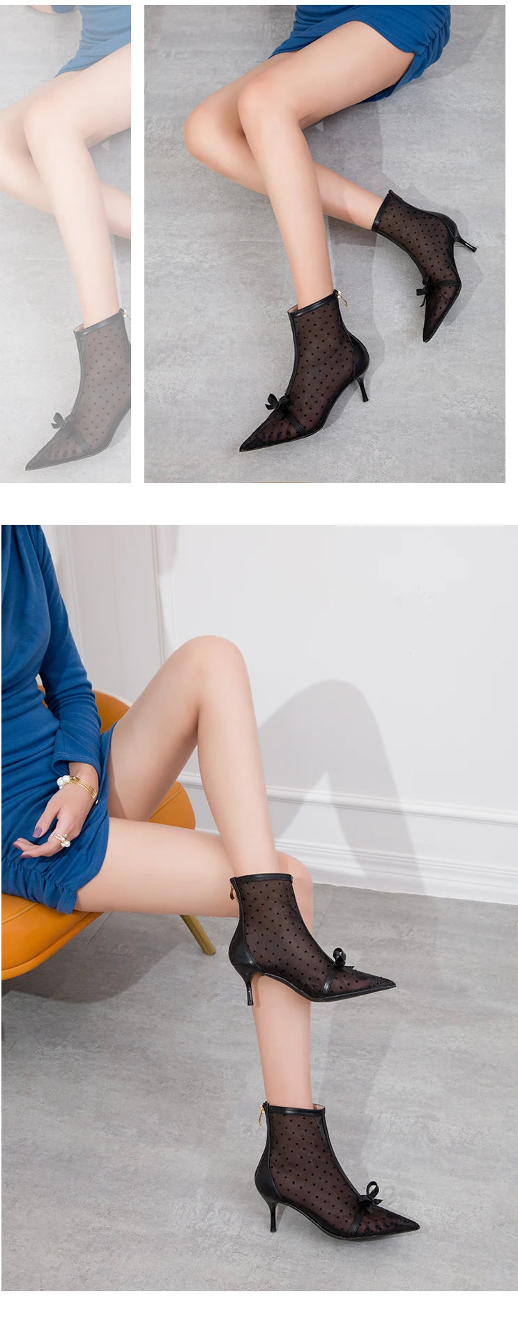Fashion Women Ankle Boots Pointed Toe Short Pointed Toe Bow Design Thin Low Heels Back Zipper Fashion Boots Air Mesh Boots