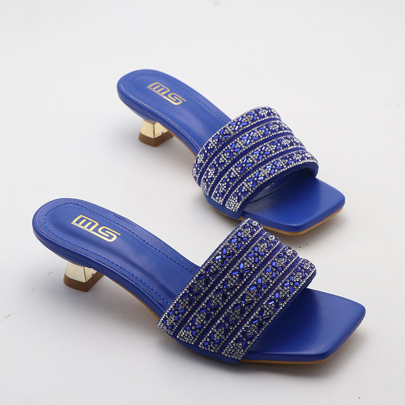 Low Heel Slippers Elegant Lady Square Toe Sandals Luxury Rhinestone High Heels Mules  Slip-on Women Shoes - Natalia Home Fashion