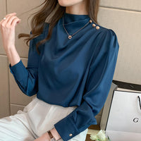 Stylish Long Sleeve Women Satin Blouses Elegant Loose O-neck Buttons Ladies Pullovers Shirts Tops Natalia Home Fashion    Natalia Home Fashion
