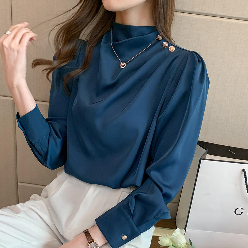 Stylish Long Sleeve Women Satin Blouses Elegant Loose O-neck Buttons Ladies Pullovers Shirts Tops Natalia Home Fashion    Natalia Home Fashion