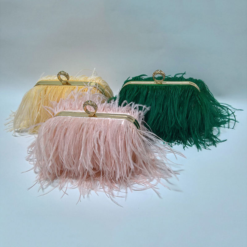 Women Ostrich Feather Clutch Purse Evening Bag Handbag Fluffy Purse Clutch Feather Evening Handbag For Wedding Anniversary Party