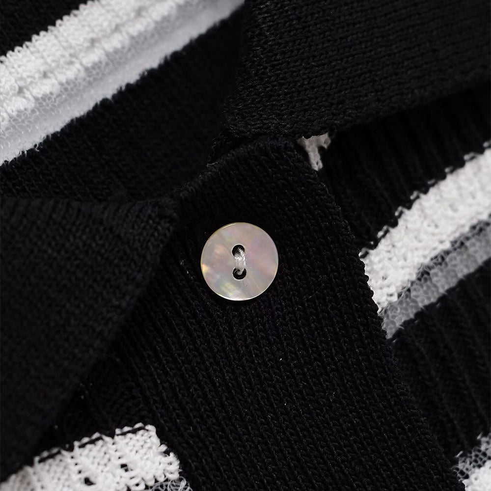 Women's Casual Button Top French Retro Turn-down Collar Striped Knitted Short-sleeved Sweater Top Natalia Home Fashion    Natalia Home Fashion