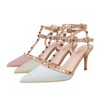 PUMPS High-heeled Shoes Female Pointed Stiletto Sexy Nightclub Word With Rivets Wild Sandals Female Summer