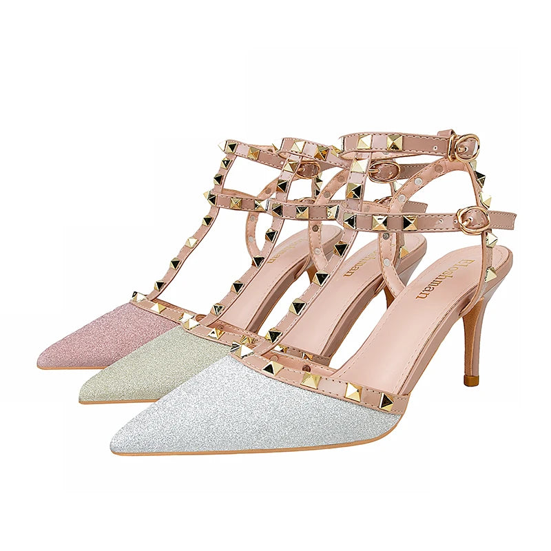 PUMPS High-heeled Shoes Female Pointed Stiletto Sexy Nightclub Word With Rivets Wild Sandals Female Summer