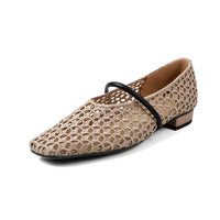Round Toe Mary Jane Shoes Leather Grape Pattern Retro Style Hollow Weave Upper Low Heel Slip-On Retro Flats