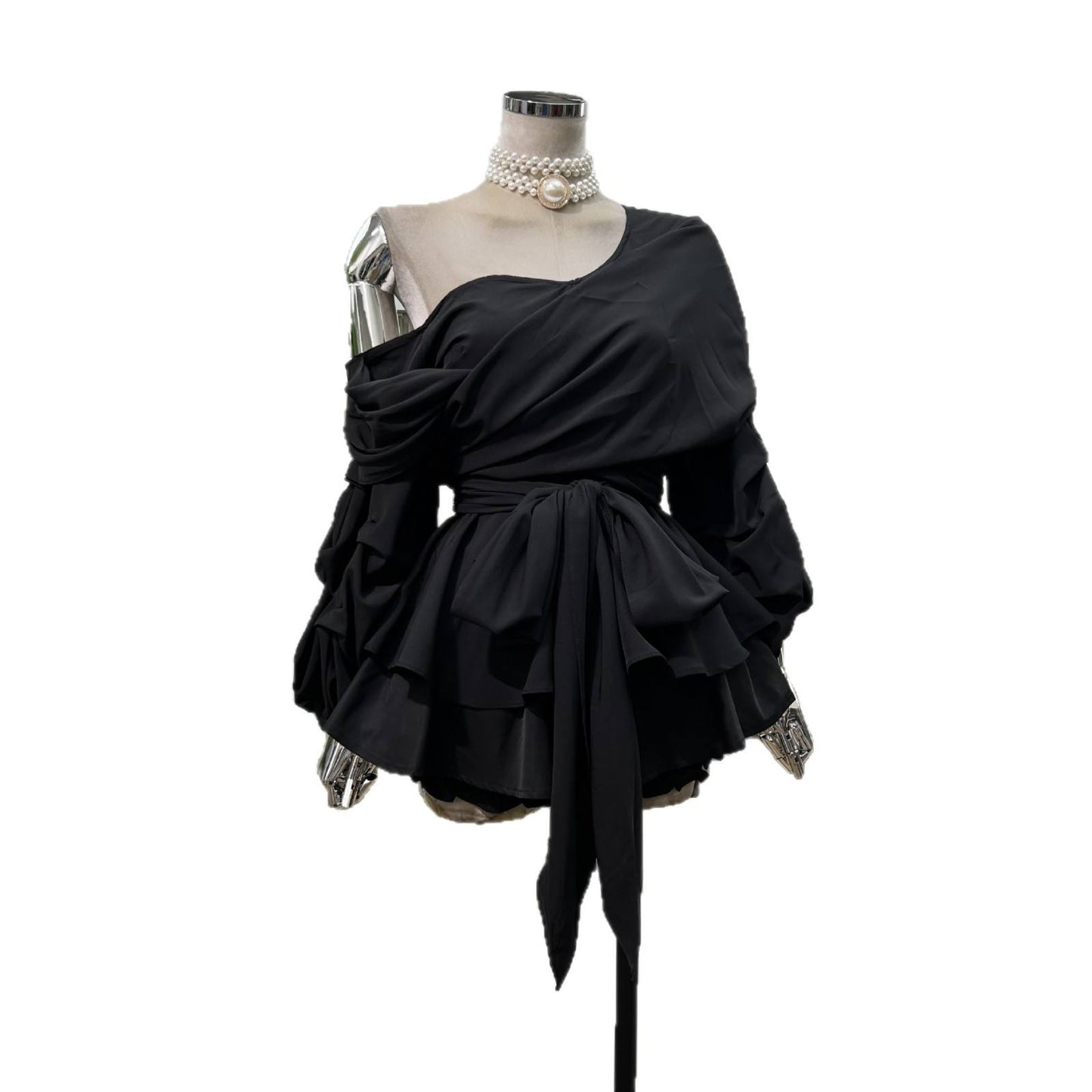 Women's Asymmetric Off-Shoulder Crop-Top Irregular Bow-Waist Puff-Sleeve Party Evening Top