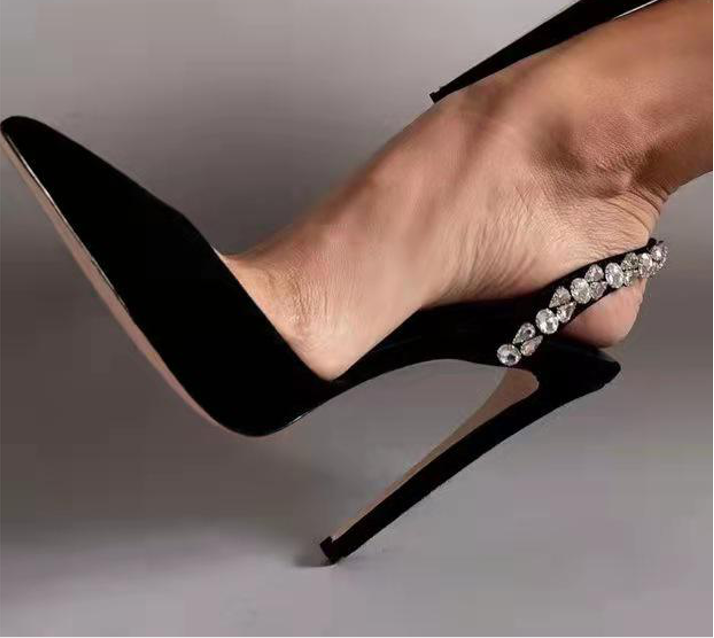 Rhinestone Shine Back Strap Pumps Pointed Toe Patent Leather High Heels Women Stiletto Heel Shallow Sandal - Natalia Home Fashion