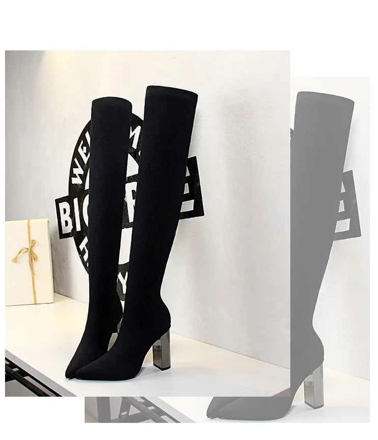 Sexy Slim Over-the-Knee High Heel Knee High Boots Women Long Boots Metal Heel Shoes