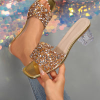 Shiny Sequins High Heel Slippers for Women Summer Fashion Square Toe Transparent Heeled Sandals Woman Glitter Slides - Natalia Home Fashion