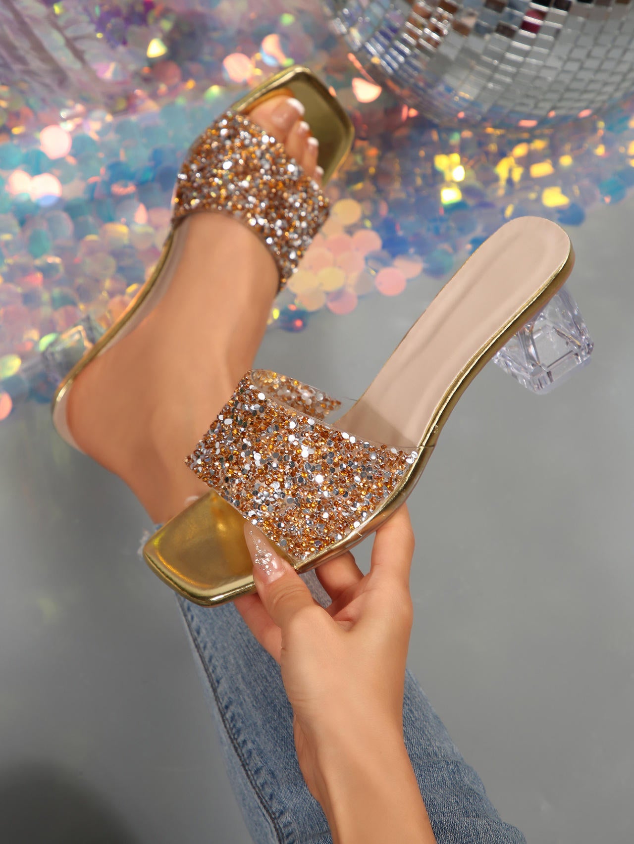 Shiny Sequins High Heel Slippers for Women Summer Fashion Square Toe Transparent Heeled Sandals Woman Glitter Slides - Natalia Home Fashion