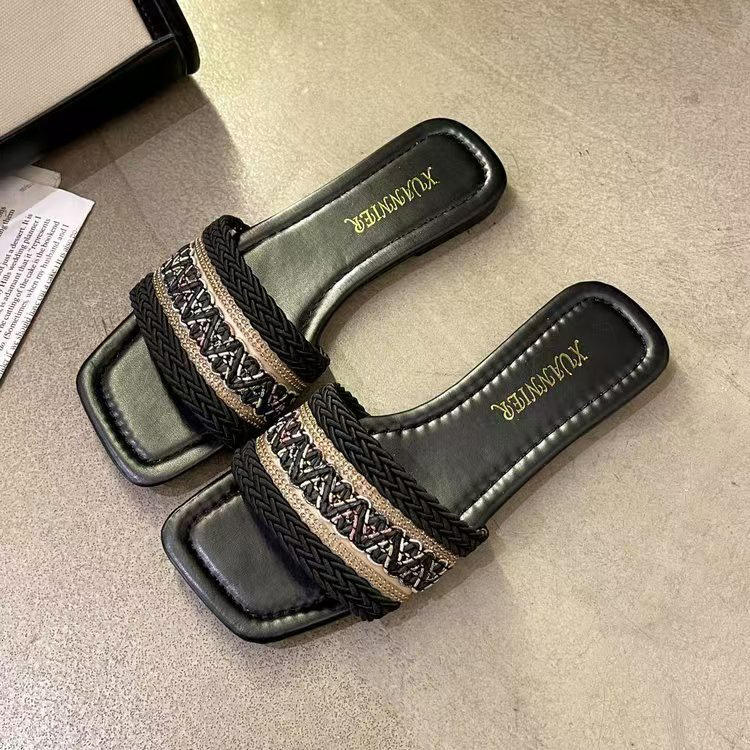 Fashion Women's Slippers Versatile Straw Woven Retro Flat Sandals Ethnic Casual Classic Flip Flops