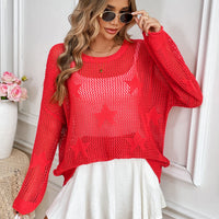 Star Shaped Hollow out Knitted Long Sleeve Crew Neck Pullover Top for Women Comfortable Breathable Soft Material
