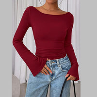 Solid Color Boat Collar Flared Sleeve T-shirt for Women Slim Fit Pleated Slim Top Long Sleeves Natalia Home Fashion    Natalia Home Fashion