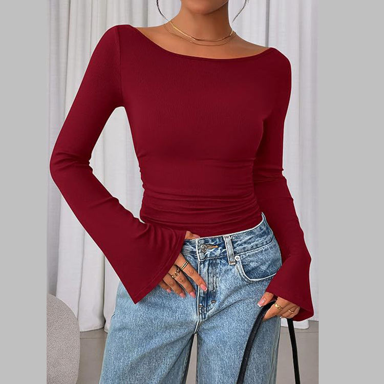 Solid Color Boat Collar Flared Sleeve T-shirt for Women Slim Fit Pleated Slim Top Long Sleeves Natalia Home Fashion    Natalia Home Fashion