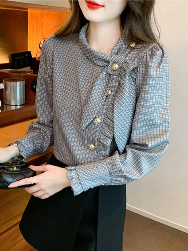 Elegant Plaid Long Sleeve Women's Shirt Vintage Design Simple Style Ageless Fashionable Top Quality Material